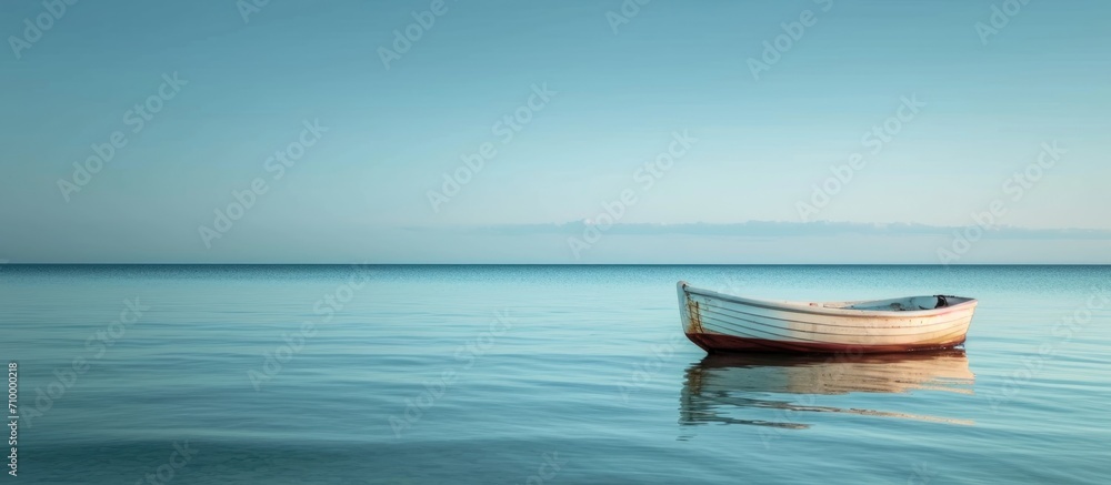 A calm ocean near the shore holds a small boat.