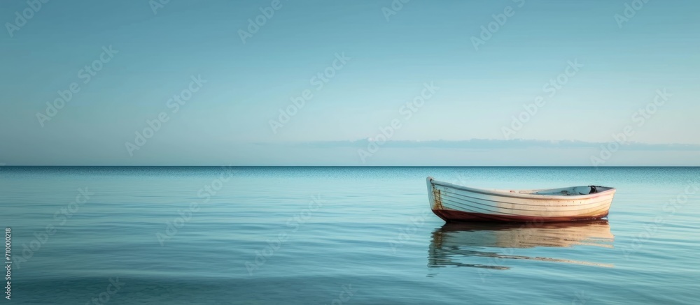 A calm ocean near the shore holds a small boat. A calm ocean near the shore holds a small boat.