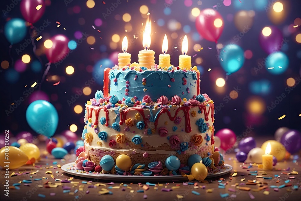 Happy birthday cake with candles and balloons. ai generative