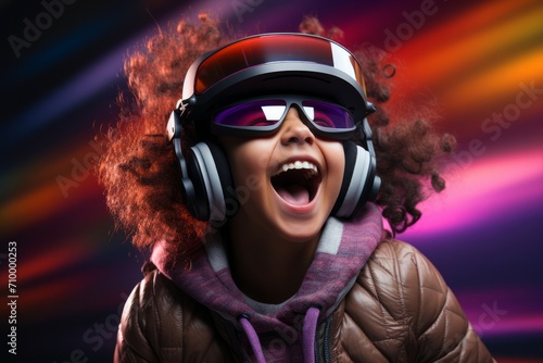 Happy Girl In Vr Glasses On Purple Background. Vr Glasses, Virtual Reality, Happiness, Backgrounds, Color Theory, Female Empowerment, Technology, Video Games. Girl in black virtual reality glasses 