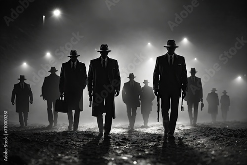 mafia black figures come out silhouettes from the night. ai generative
