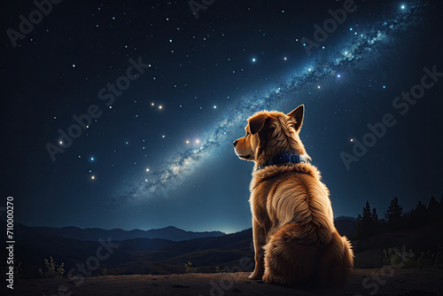 dog view from the back sitting and looking at the stars. ai generative