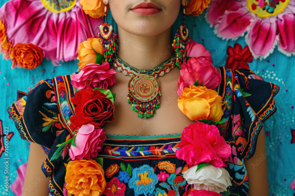 Woman wearing Mexican inspired dress and jewelries with beads 