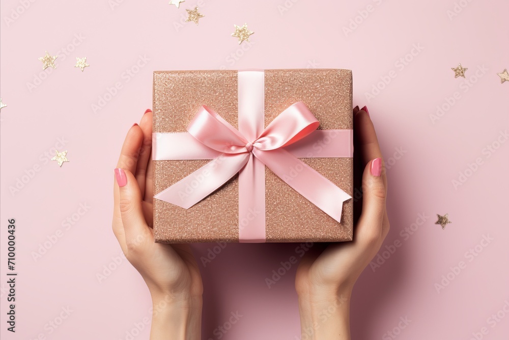 Top view gift box, adorned with vibrant ribbon. Greeting card. Flat lay style with copy space. Top view gift box, adorned with vibrant ribbon. Greeting card. Flat lay style with copy space.