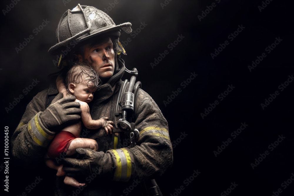 Fire Fighter holding a baby in his arms as they escape the fire. ai generative