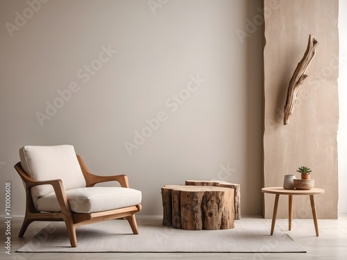 Fabric lounge chair and wood stump side table against beige stucco wall with copy space. Rustic minimalist home interior design of modern living room