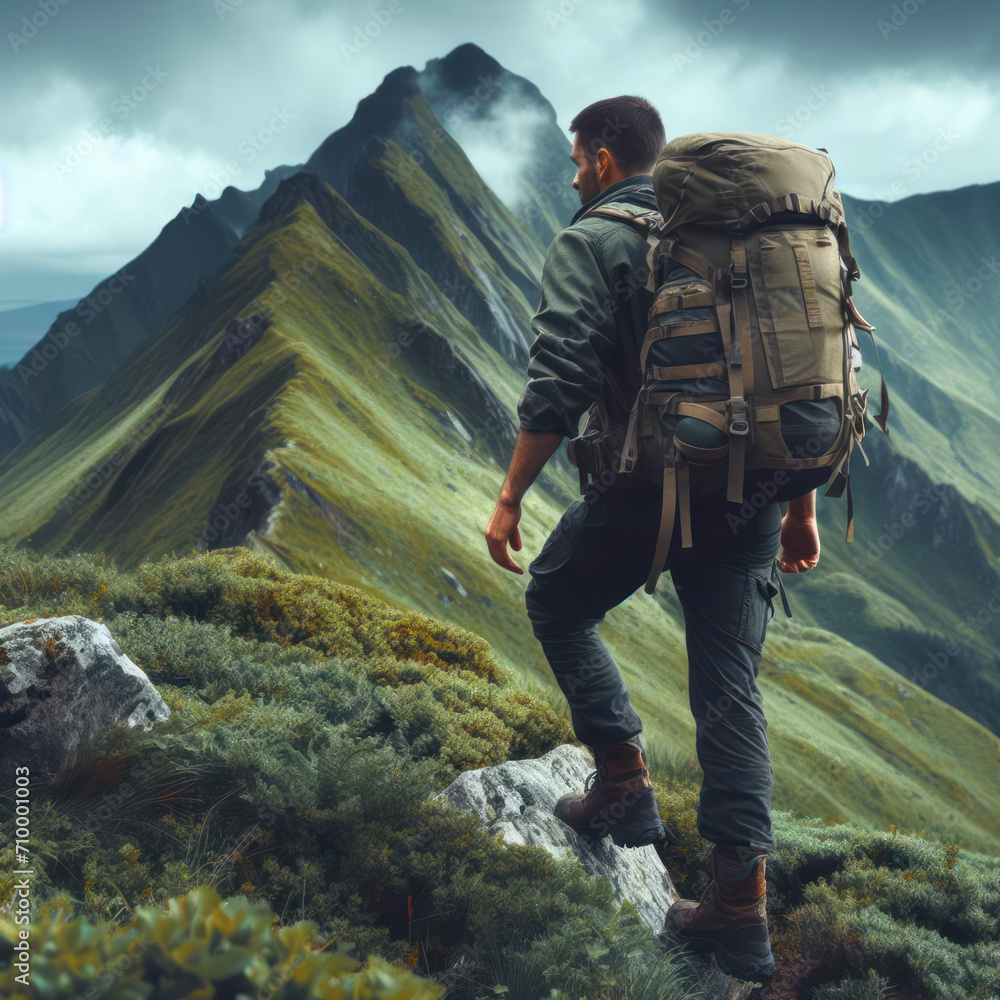 Mountain Expedition Man Ventures Through Hilly Terrain with Backpack. ai generative