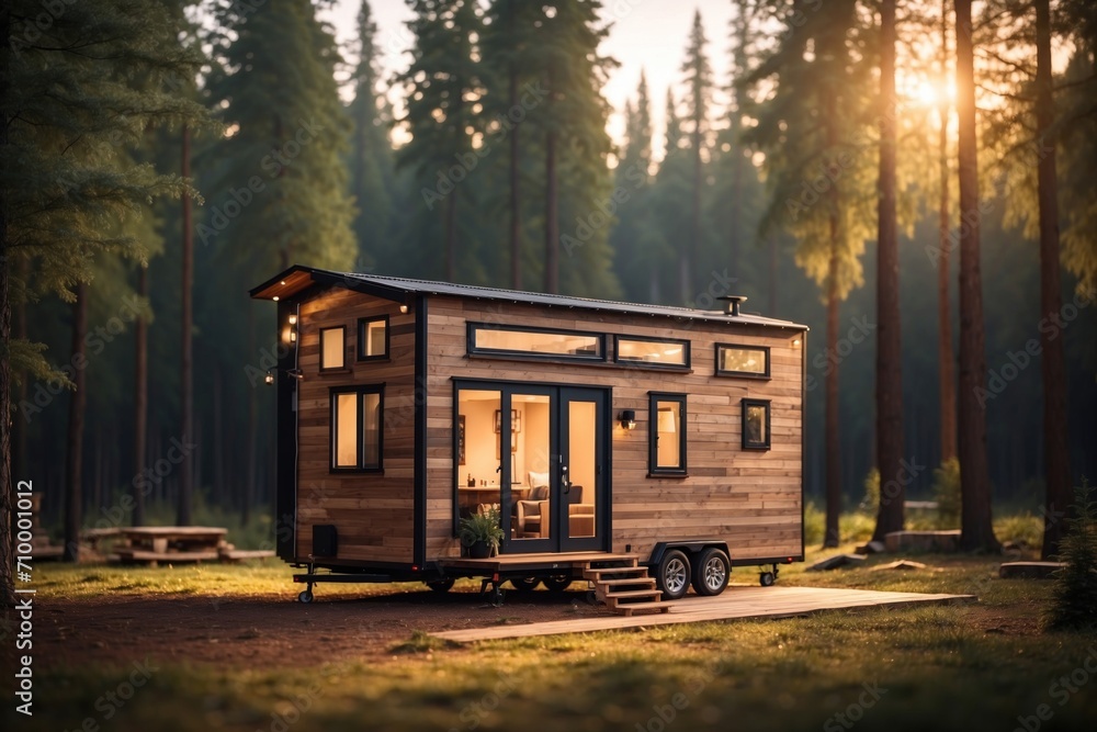 Movable tiny house parked on calm place at forest. ai generative Movable tiny house parked on calm place at forest. ai generative