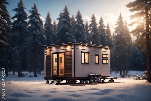Movable tiny house parked on calm place at forest. ai generative photo