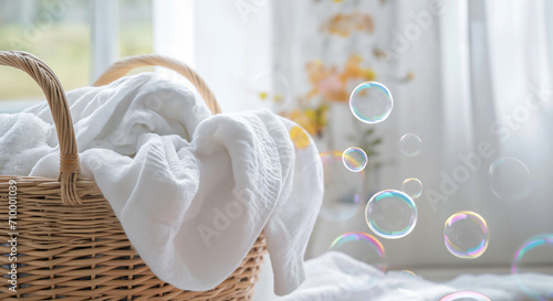 Basket of clean laundry and soap bubbles in white interior. Spring cleaning concept, banner with copy space for cleaning service. Poster for laundry.
