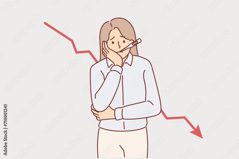 Woman entrepreneur is experiencing problems in business, standing near falling chart Woman entrepreneur is experiencing problems in business, standing near falling chart