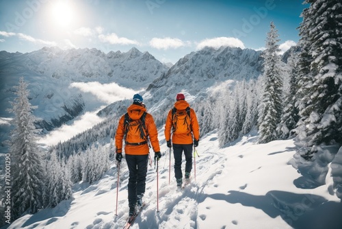 Mountaineer back country ski walking ski alpinist in mountains. ai generative photo