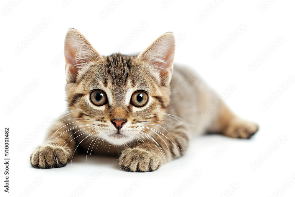 A cute, beautiful, little gray, striped kitten with expressive eyes is lying on the floor looking at the camera against a white background.