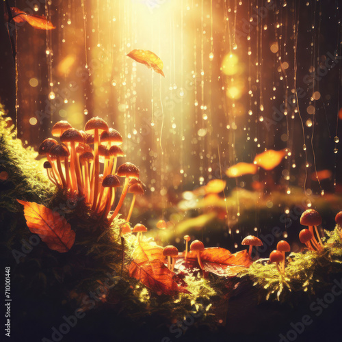 little mushrooms growing on a tree trunk in wet moss and fallen leaves  under rain drops and autumnal sun. ai generative