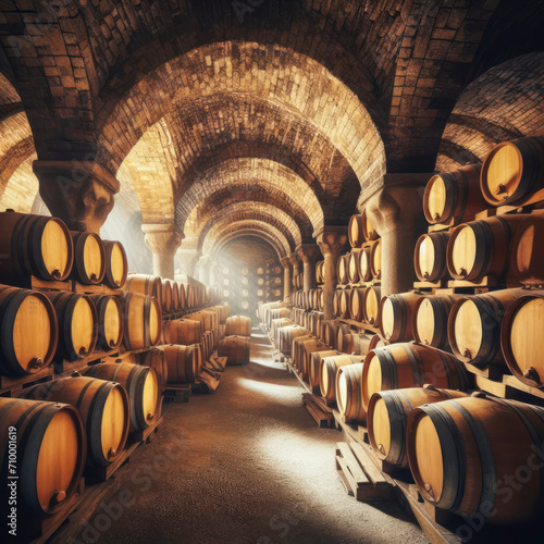 Old french oak wooden barrels in underground cellars for wine aging process. ai generative