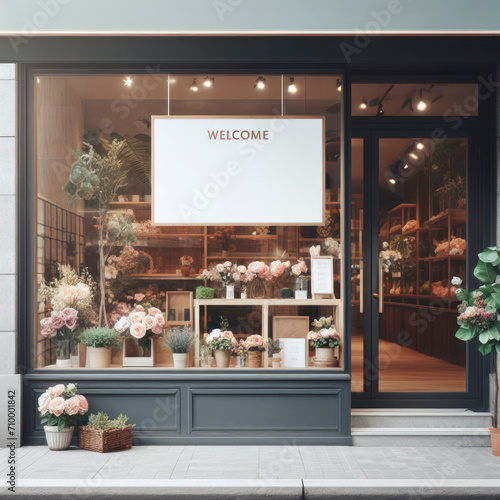 street outdoor view of a generic flower or roses shop display welcome window with signboard mockup. ai generative photo