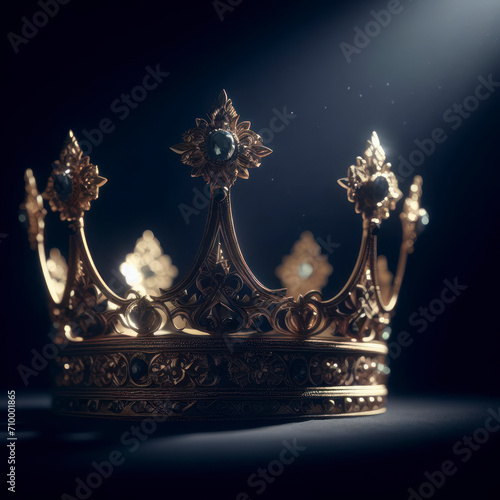 The crown is placed on the head closeup, coronation on a black background with atmospheric spot light. ai generative