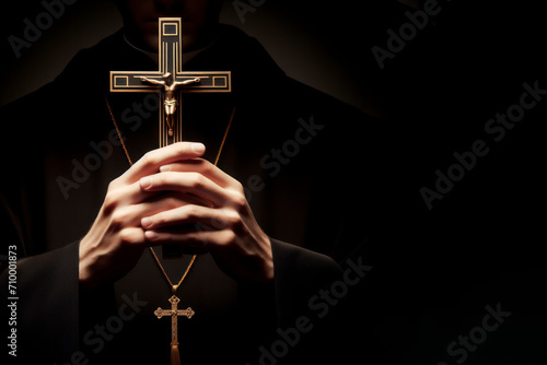 The priest holds the cross on black background. ai generative