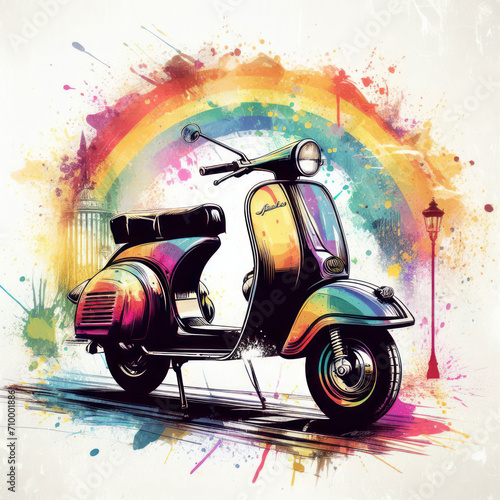 Vintage scooter on the street with abstract rainbow splattered paint on a white background. ai generative photo