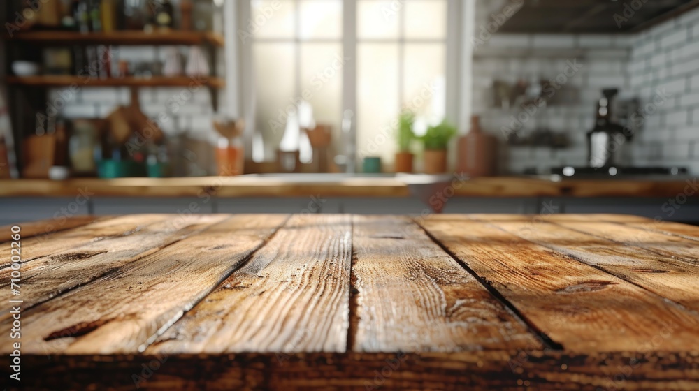 Wooden table on blurred kitchen bench background, Advertisement, Print media, Illustration, Banner, for website, copy space, for word, template, presentation