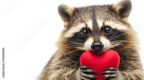 A raccoon holding a red heart isolated on a white background, Valentine's Day Concept © MONWARA