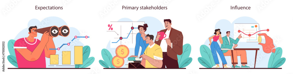 Stakeholder expectations set. Exploring future goals, guiding investments, and wielding influence in business. Insightful analysis and strategic partnerships depicted. Flat vector illustration. Stakeholder expectations set. Exploring future goals, guiding investments, and wielding influence in business. Insightful analysis and strategic partnerships depicted. Flat vector illustration.