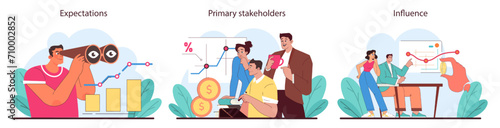 Stakeholder expectations set. Exploring future goals, guiding investments, and wielding influence in business. Insightful analysis and strategic partnerships depicted. Flat vector illustration.