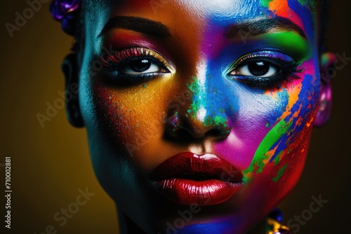 A close-up of a girl's face with vibrant, colorful makeup. Face of a person with vibrant makeup, colorful and bold makeup, focus on eyes and lips. © andrenascimento