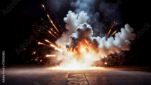 Fire sparks explosion A dark empty street, dark blue background, an empty dark scene, light, spotlights The stone floor and studio room with smoke float up the interior texture. night view