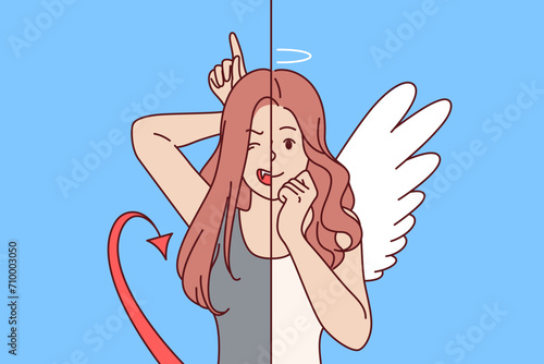 Woman with face of angel and demon symbolizes struggle between good and evil in human soul. Girl chooses costume for halloween party, trying on image of angel with wings or demon with tail