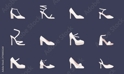 Women high heeled shoes set. Women shoes for a wedding. Vector illustration.