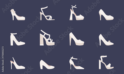 Women high heeled shoes set. Women shoes for a wedding. Vector illustration.