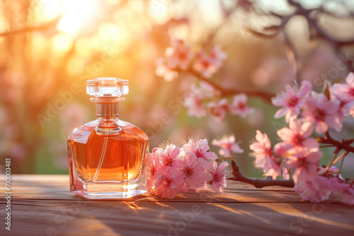 perfume bottle with spring flowers, fragrance and flowers, perfume presentation 