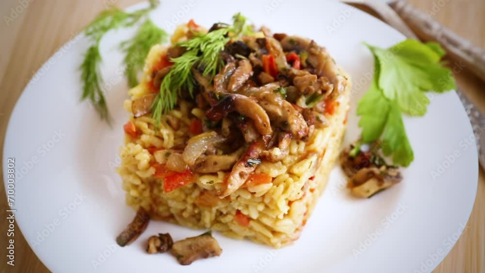 Diet pilaf with mushrooms and vegetables in a plate . Diet pilaf with mushrooms and vegetables in a plate .