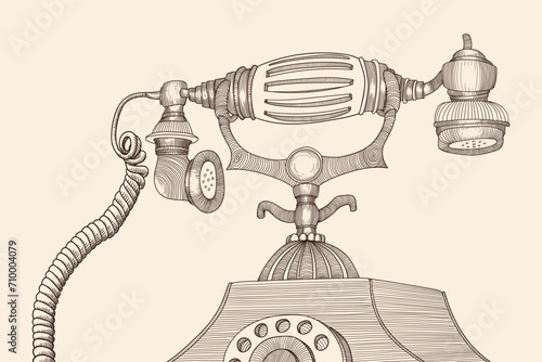 Old vintage telephone receiver on a telephone lever with a dial.. Hand drawn sketch.