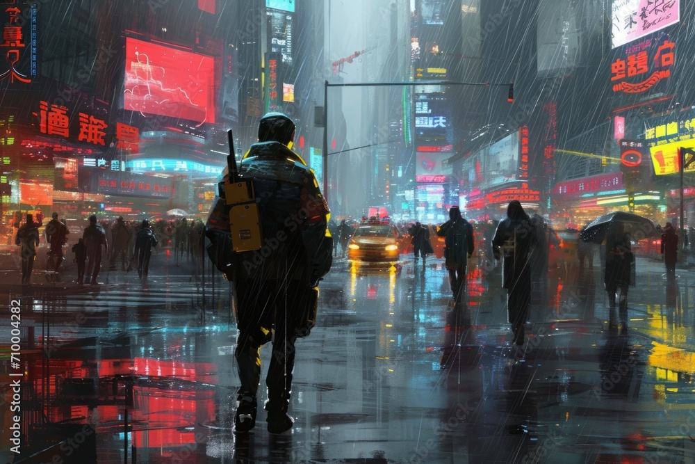 Futuristic dark cyberpunk city dystopia streets colorful neon lights ...