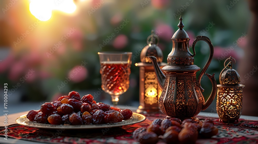 Ramadan Kareem background. Ramadan Kareem greeting card with dates fruit and tea.
