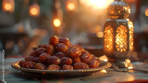 Dates and lanterns on the table. Ramadan Kareem background.