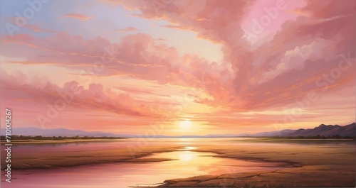 An image of a graceful sunset painting the sky with hues of pink and gold, casting a warm glow over a serene landscape - Generative AI © Huzaifa