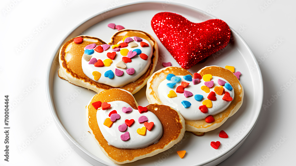 Several homemade heart-shaped pancakes covered with cream with colorful sweets on a white plate and a blank red heart isolated on white background Several homemade heart-shaped pancakes covered with cream with colorful sweets on a white plate and a blank red heart isolated on white background