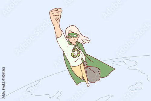 Woman environmental hero saves planet from garbage by flying over globe to avoid nature pollution