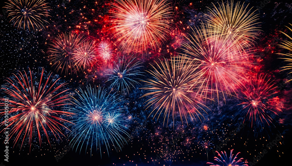 Fototapeta premium Celebration of Glowing Multi-Colored Firework Display in the Night Sky