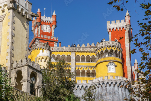 Facade of national Palace of Pena with red tower, Sintra, Lisobn, Portugal photo