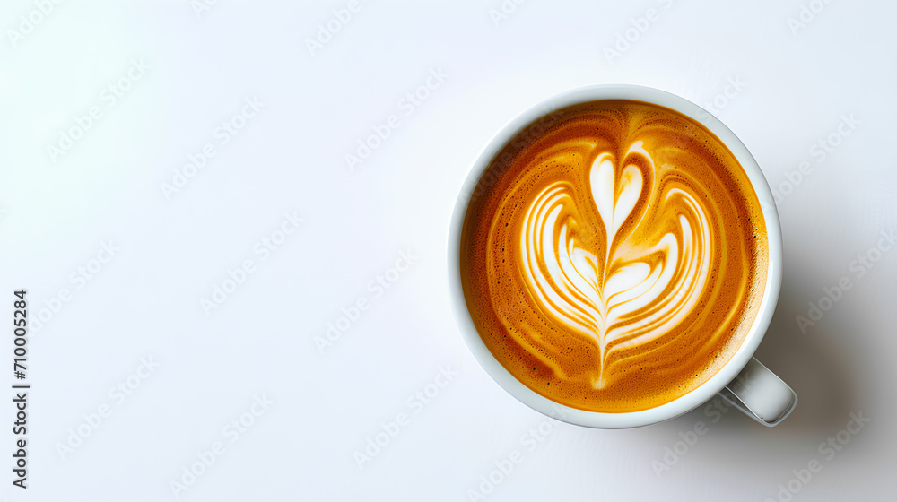 Obraz premium Top view of hot Coffee with a barista art heart shape isolated on a white background, Valentine's Day Concept