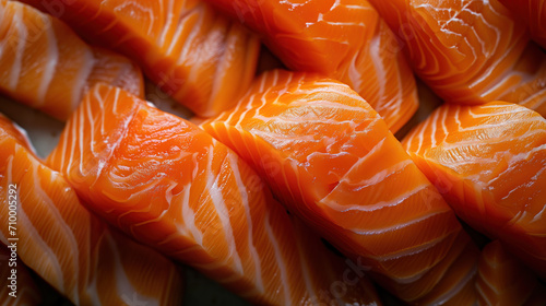 Closeup photo of raw salmon fish slices arranged o in rows, top view photo, food background