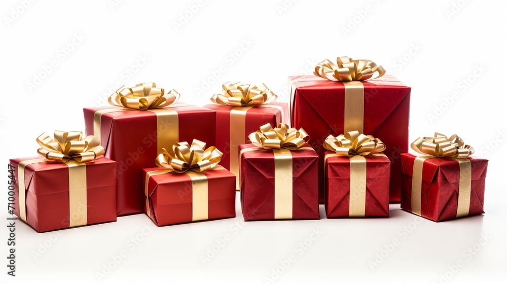 Assorted red and white gift presents with elegant ribbon bows isolated on a clean white background Assorted red and white gift presents with elegant ribbon bows isolated on a clean white background