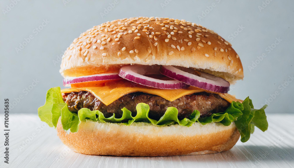 Close-up shot of a burger on white table against white background Close-up shot of a burger on white table against white background