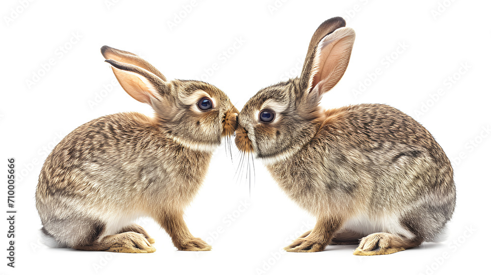 Fototapeta premium Two bunnies are kissing isolated on a white background