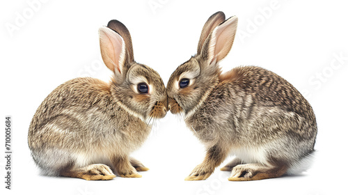 Two bunnies are kissing isolated on a white background