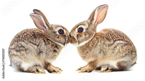 Two bunnies are kissing isolated on a white background